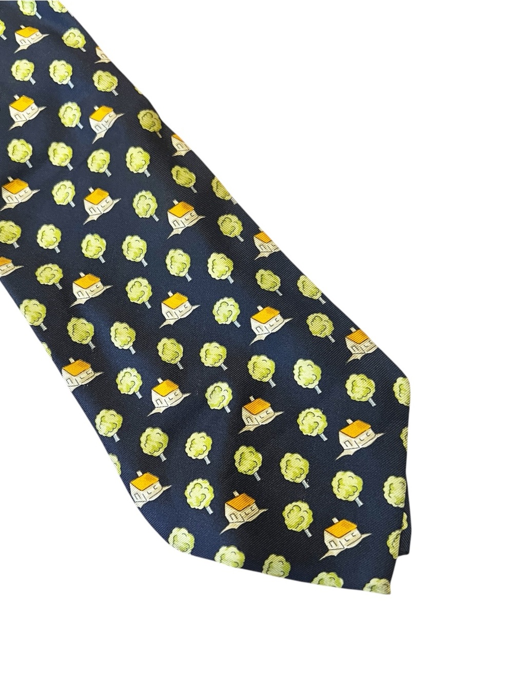 Banana Republic Silk Navy Tie with Yellow House and Green Trees